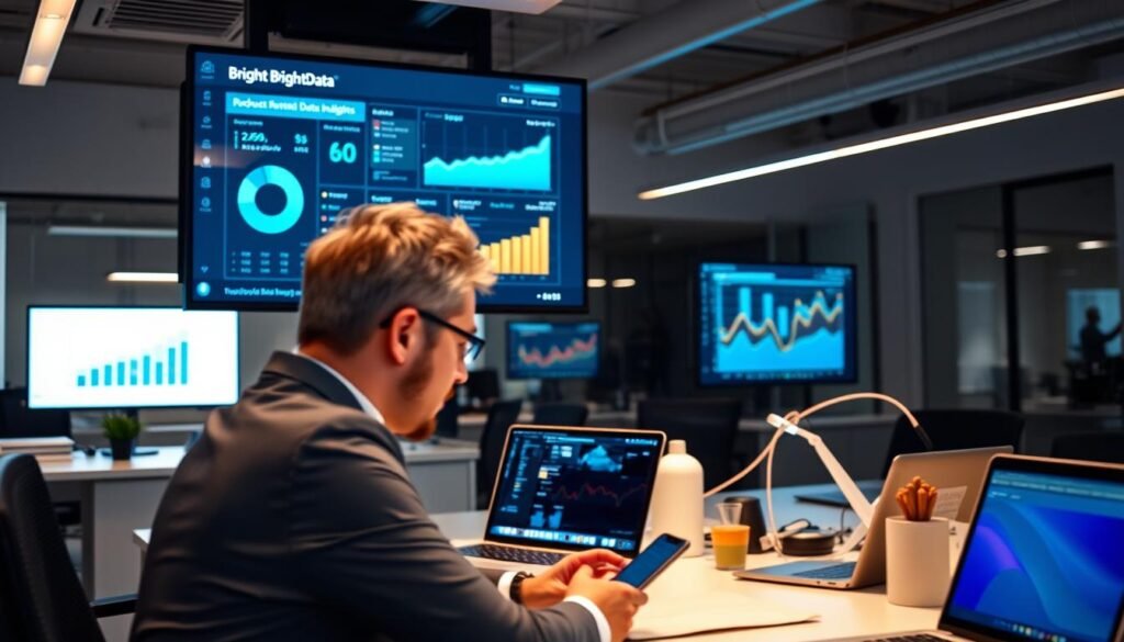 A bustling office scene, with a large monitor displaying a Bright Data dashboard showcasing robust data analytics. In the foreground, a businessperson meticulously reviews the insights, their face illuminated by the screen's glow. The middle ground features an array of devices, including a laptop and smartphone, all connected and working in harmony. The background depicts a modern, minimalist workspace, with clean lines and subtle lighting that creates a professional, productive atmosphere. The overall tone conveys efficiency, data-driven decision-making, and the power of Bright Data to elevate business operations.