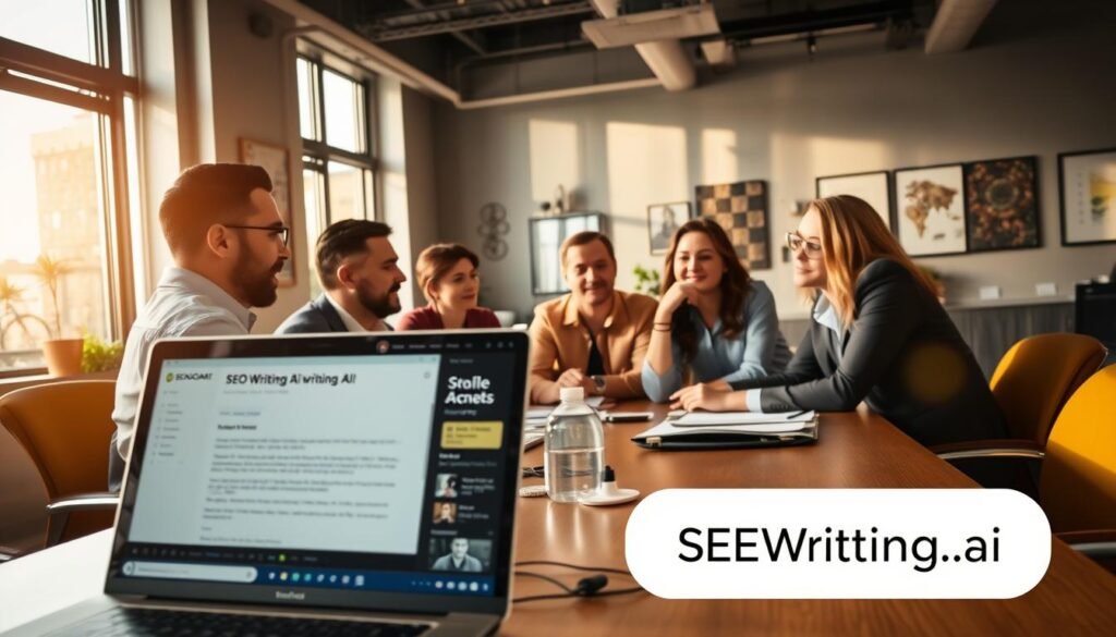A bustling office setting, with professionals engaged in thoughtful discussion around a conference table. Warm, natural lighting filters through large windows, casting a soft glow on their faces. In the foreground, a laptop displays SEOWriting.ai's interface, hinting at the AI-powered writing tools they are exploring. The background features wall decor and office accoutrements, reflecting a modern, collaborative workspace. An atmosphere of productive focus and shared expertise permeates the scene, capturing the authentic experiences of SEOWriting.ai users.