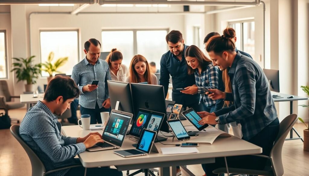 A bustling open-office setting with a team of diverse professionals collaboratively managing social media accounts. In the foreground, a person intently typing on a laptop, while colleagues gather around a central desk, discussing analytics and strategizing content. The mid-ground features an array of devices - smartphones, tablets, and desktop computers - showcasing various social media platforms. The background is a bright, airy space with large windows and minimal, modern decor, creating a dynamic, technology-driven atmosphere. Warm, natural lighting casts a soft glow, highlighting the focused expressions and collaborative energy of the team. The overall scene conveys the efficient, team-based approach to social media management exemplified by Crowdfire users.
