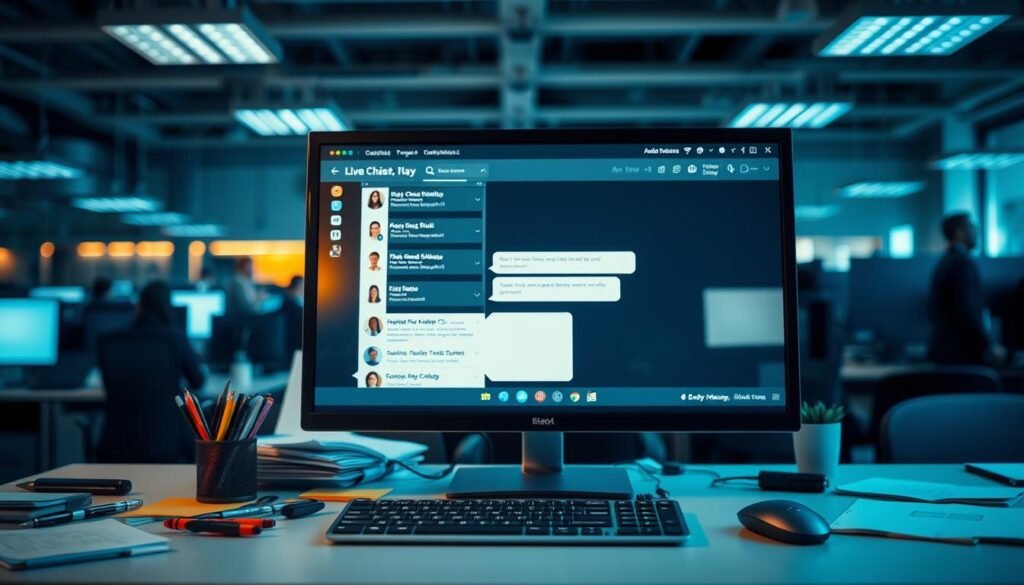 A busy office scene with a central focus on a large, modern flat-screen monitor displaying a live chat interface. The monitor is surrounded by a clutter of office supplies, including pens, sticky notes, and a sleek wireless keyboard. Subtle ambient lighting from overhead fixtures casts a warm glow, creating a productive and professional atmosphere. In the background, blurred office cubicles and colleagues can be seen, suggesting a collaborative work environment. The overall composition emphasizes the seamless integration of live chat technology into the modern workplace, highlighting its role as a powerful communication tool.
