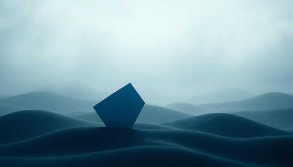 A cerebral landscape depicting logical thinking. In the foreground, a minimalist geometric shape in shades of blue and gray, representing the analytical and rational processes of the mind. In the middle ground, a network of interconnected lines and nodes, like a neural web, symbolizing the synaptic connections and information flow. The background is shrouded in a subtle, hazy atmosphere, evoking the contemplative and introspective nature of logical reasoning. The lighting is soft and directional, casting gentle shadows that accentuate the depth and dimensionality of the scene. The overall composition conveys a sense of order, clarity, and thoughtful decision-making.