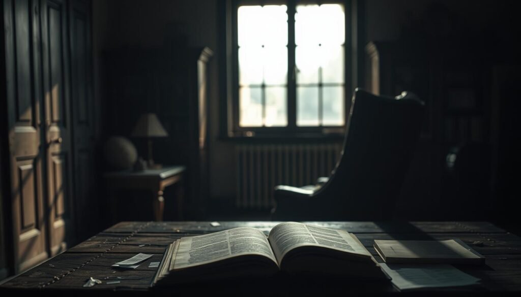 A cerebral landscape of deep contemplation. A dimly lit study, with shadows casting a pensive atmosphere. In the foreground, a weathered wooden desk holds open books and scattered papers, hinting at intense analysis. Soft light filters through a large window, illuminating a thoughtful figure seated in a high-backed chair, their gaze fixed inward. The background fades into a blurred, introspective realm, suggesting the depth of the subject's mental focus. Subtle textures and muted tones evoke a sense of intellectual rigor and emotional detachment, as the mind takes precedence over passing moods. An image of the intellect prevailing over impulse, in a moment of profound introspection.