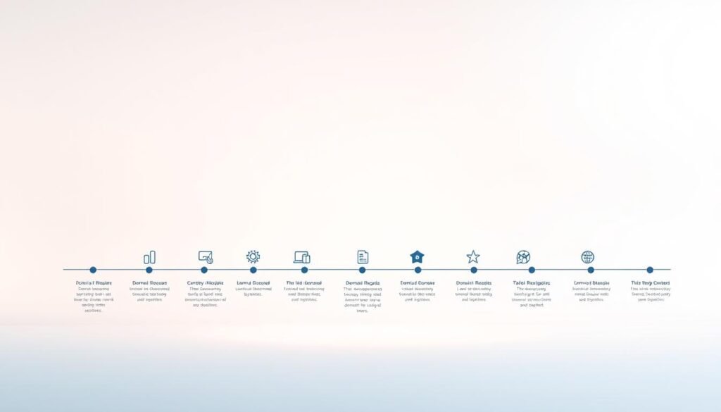 A clean, minimalist illustration showcasing the history of domain registration. Set against a soft, muted gradient backdrop, the foreground features a timeline of key events and milestones in the evolution of domain name systems, presented through a series of neatly organized icons and infographic elements. The overall aesthetic strikes a balance between informative and visually appealing, allowing the subject matter to take center stage without distractions. Subtle lighting and depth of field enhance the polished, professional feel, inviting the viewer to explore the intricacies of this important aspect of online infrastructure.