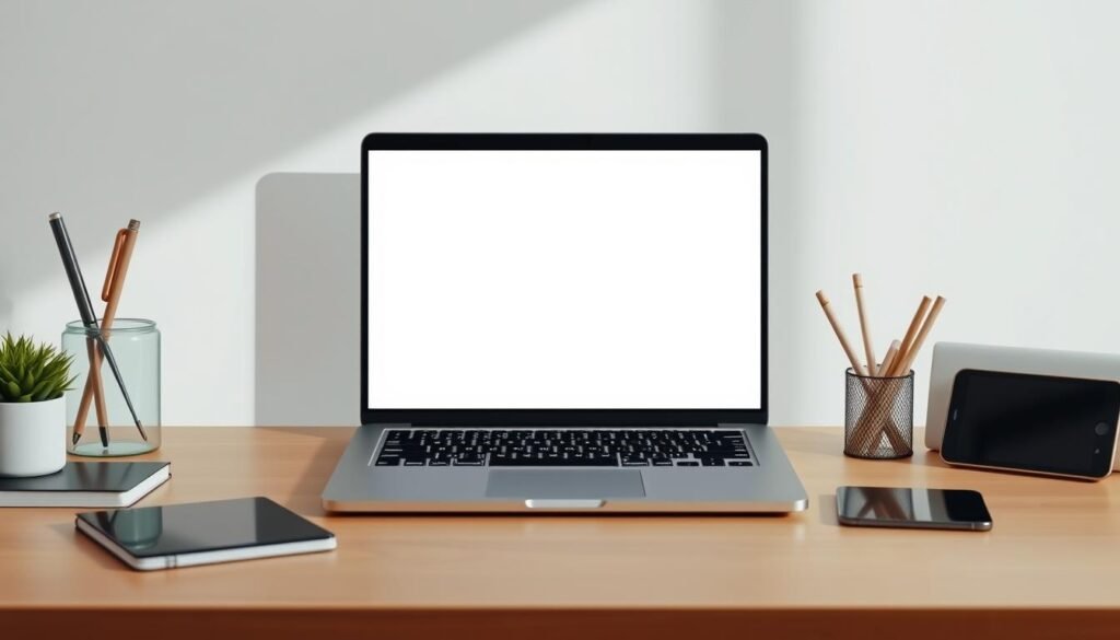 A clean, minimalist workspace with a sleek laptop, stylish office supplies, and a serene, natural backdrop. Soft, diffused lighting illuminates the scene, creating a calming, productive atmosphere. The laptop's screen displays a simple, intuitive user interface, inviting the user to effortlessly navigate and accomplish their tasks. The overall composition emphasizes the ease and convenience of the digital experience, capturing the essence of "سهولة الاستخدام".
