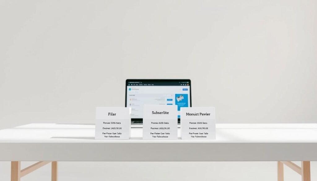 A clean, well-lit studio setting showcasing the pricing plans of MailerLite. In the foreground, a minimalist table displays the various subscription tiers, each represented by elegant icons and crisp, legible typography. The middle ground features a sleek laptop displaying the MailerLite dashboard, highlighting the platform's intuitive interface. The background is a neutral, light-colored wall, creating a bright, professional atmosphere. The overall composition emphasizes simplicity, clarity, and the value proposition of MailerLite's pricing structure, inviting the viewer to explore the email marketing tool's capabilities.