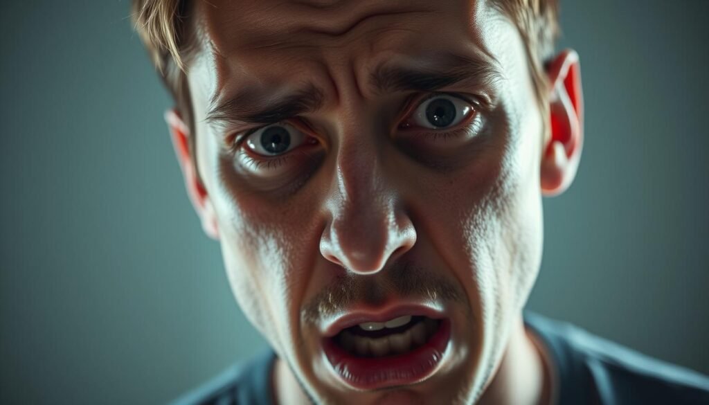 A close-up of a person's face, their expression conveying a sense of distress and confusion. Their eyes are wide and unfocused, their brow furrowed, and their mouth slightly agape, as if they are struggling to comprehend their surroundings. The image is lit with a soft, diffused light, creating a sense of unease and tension. The background is blurred, placing the focus solely on the individual's face and the unsettling emotions it conveys, reflecting the symptoms of mental psychosis.