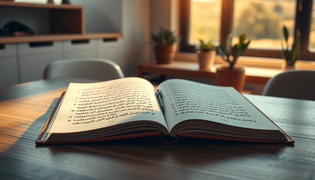 A close-up of an open notebook on a wooden desk, illuminated by warm, natural lighting. The pages reveal a series of thoughtfully crafted test questions, each one carefully worded to assess cognitive abilities. The questions appear in elegant Arabic calligraphy, conveying a sense of academic rigor and tradition. In the background, a minimalist office setting with a few potted plants and a window overlooking a serene, natural landscape, creating a contemplative atmosphere conducive to intellectual exploration. The overall composition suggests a meticulous, methodical approach to evaluating the workings of the human mind.