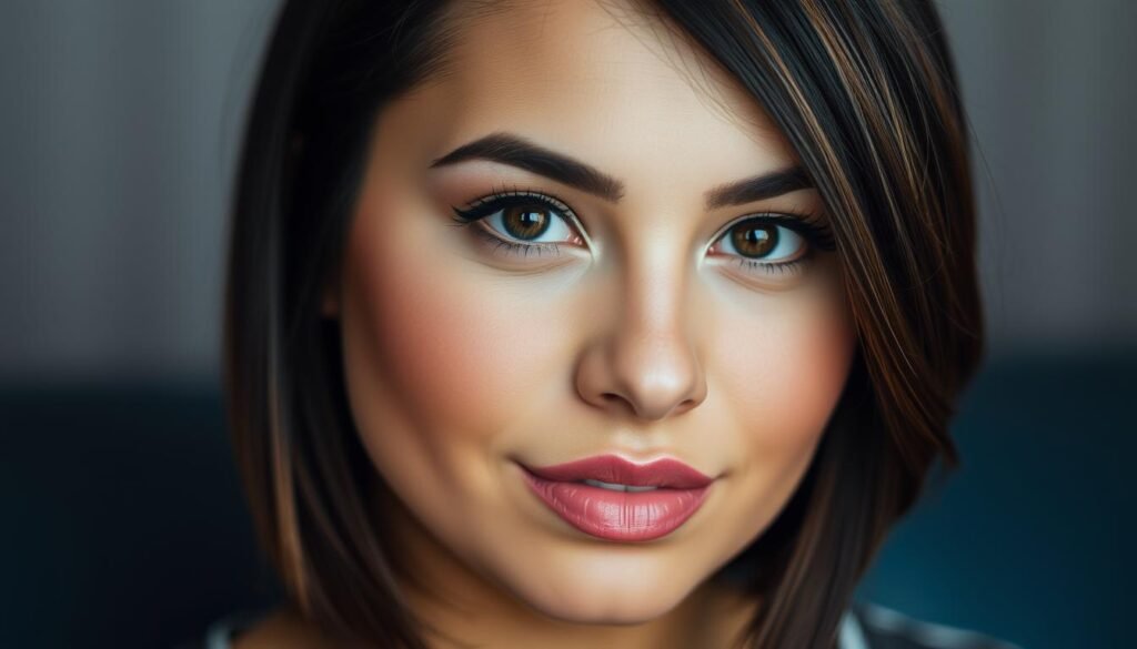 A close-up portrait of Demi Lovato, a popular American singer, songwriter, and actress. Lovato has a warm, expressive face with distinctive features - full lips, wide brown eyes, and a pointed chin. Her hair is styled in a sleek, dark brown bob with subtle highlights. The lighting is soft and flattering, creating gentle shadows that accentuate the contours of her face. The background is blurred, keeping the focus on Lovato's captivating gaze and conveying a sense of intimacy. The overall mood is one of confidence, poise, and artistic flair, reflecting Lovato's public persona as a talented and resilient performer.