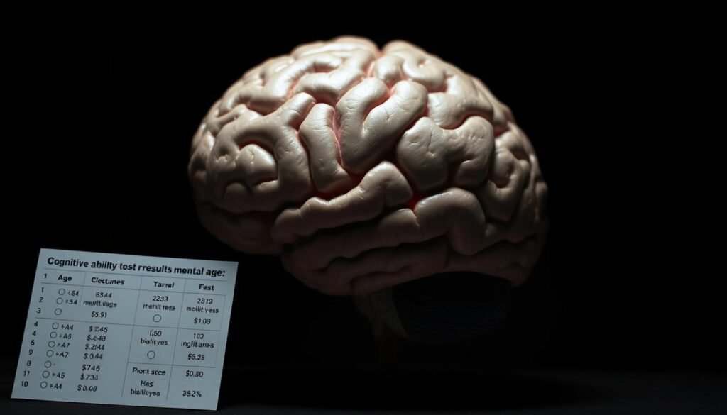 A close-up shot of a human brain against a dark, moody background. The brain is rendered in intricate detail, with its distinct lobes and neural pathways visible. The lighting is dramatic, creating deep shadows and highlights that accentuate the complexity of the organ. In the foreground, a series of cognitive ability test results and assessments are displayed, representing the process of evaluating mental age. The overall scene conveys the idea of the inner workings of the mind and the assessment of its capabilities.