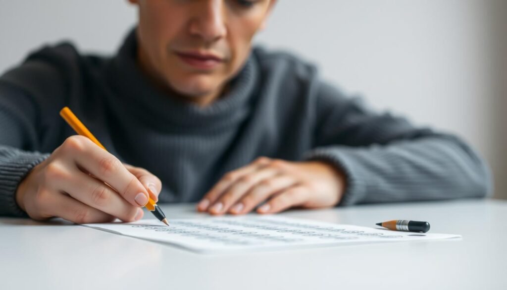 A close-up shot of a person taking a cognitive assessment test, with a focused expression on their face. The test materials, such as a pencil and paper, are prominently displayed on a clean, minimalist desk. The lighting is soft and even, creating a calm, introspective atmosphere. The background is blurred, keeping the attention on the testing process. The overall composition conveys the thoughtful, analytical nature of the mental age evaluation.