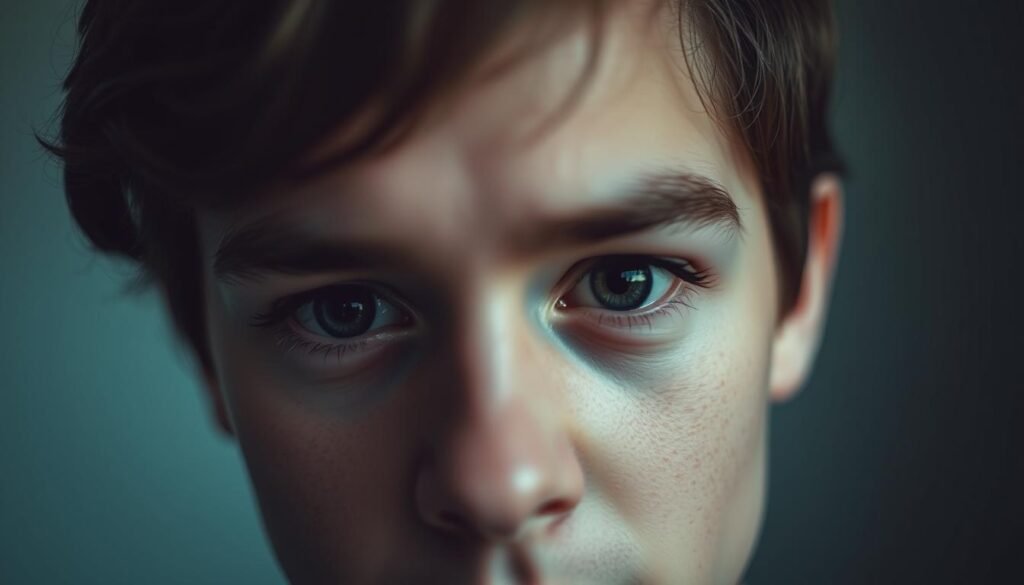 A close-up shot of a person's head, with a focus on their eyes and brain. The background is blurred, drawing the viewer's attention to the central subject. Soft, diffused lighting creates a contemplative mood, emphasizing the introspective nature of the mental age assessment process. The image conveys a sense of curiosity and intellectual engagement, reflecting the desire to understand one's own cognitive abilities. Technical details include a shallow depth of field, a slightly elevated camera angle, and a warm color palette to evoke a sense of thoughtfulness and self-reflection.