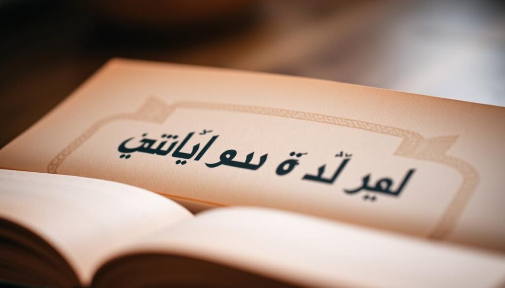 A close-up shot of an open book, its pages displaying the Arabic title "مميزات كتاب العادات الذرية" in a clean, modern font. The book's cover is a warm, earthy tone, with a subtle pattern or texture that adds visual interest. The lighting is soft and diffused, creating a cozy, inviting atmosphere. The depth of field is shallow, allowing the title to be the focal point, while the background is pleasantly blurred. The overall composition is balanced and aesthetically pleasing, conveying the informative and practical nature of the book's content.