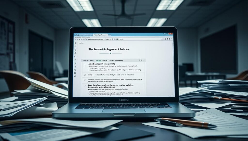 A cluttered office desk with a laptop, scattered papers, and a pen, under harsh overhead lighting. The laptop screen displays a software interface with restrictive attendance management policies, conveying a sense of frustration and lack of flexibility. The desk is surrounded by a somber, institutional environment, hinting at the constraints and bureaucratic nature of the attendance program. The overall mood is one of administrative burden and limited control over work-life balance.