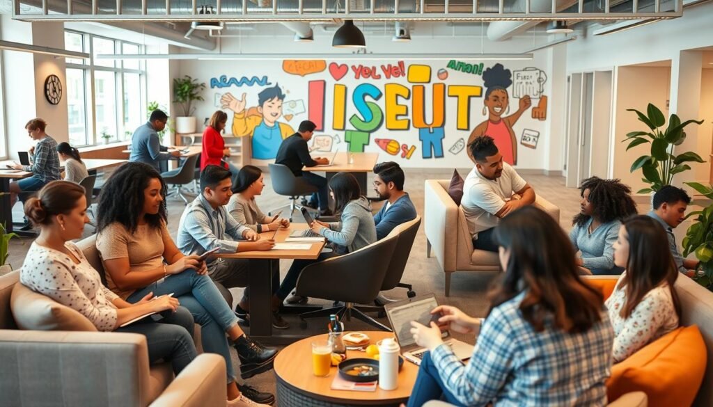 A collaborative and inclusive office space, with diverse employees engaged in various tasks. The scene features an open-plan layout with comfortable seating areas, ergonomic workstations, and natural lighting that creates a warm, welcoming atmosphere. In the foreground, colleagues of different backgrounds are working together, exchanging ideas and supporting one another. The middle ground showcases a communal breakout zone with a variety of snacks and beverages, encouraging social interaction and bonding. The background depicts a vibrant mural or artwork that celebrates the company's values of inclusivity and teamwork. The overall impression is one of a harmonious, progressive, and nurturing work environment that fosters a sense of belonging and collective success.