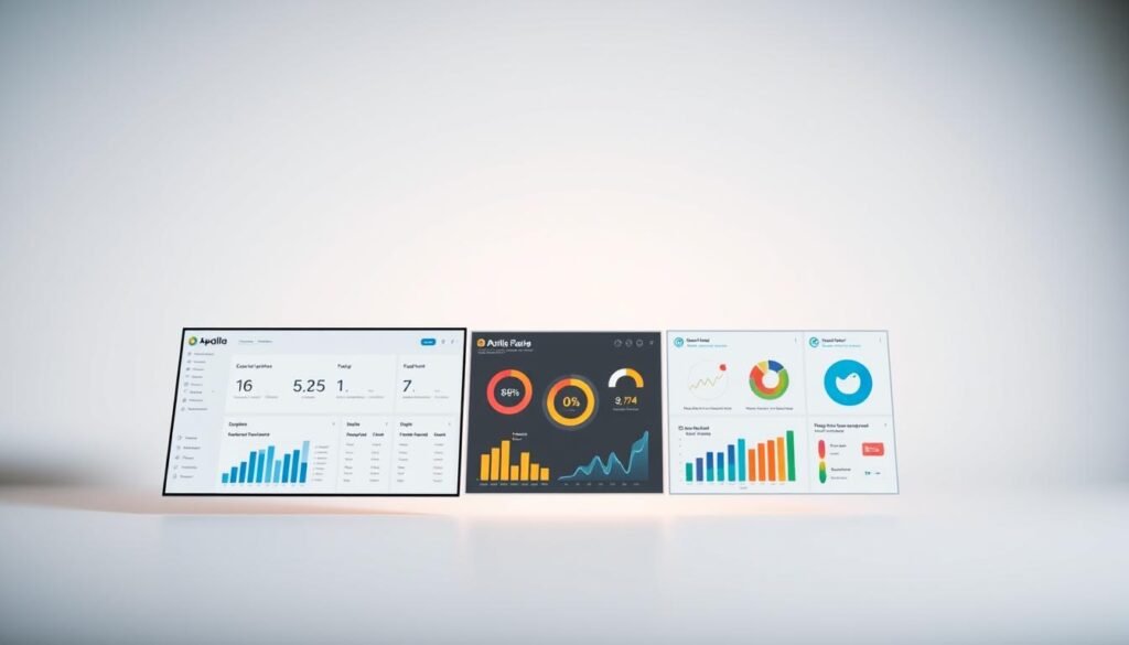 A comparative analysis of lead generation tools, presented in a clean, modern style. In the foreground, a sleek dashboard showcasing key metrics and insights from different platforms, captured with a wide-angle lens to highlight the breadth of functionality. The middle ground features stylized icons and infographic elements, conveying the unique capabilities of each tool in a visually striking manner. The background is a minimalist, gradient-based setting, creating a sophisticated and professional atmosphere. Soft, directional lighting emphasizes the clarity of the comparison, while a shallow depth of field draws the viewer's focus to the essential details. The overall composition strikes a balance between analytical precision and aesthetic appeal, suitable for inclusion in the article on the Apollo.io platform.