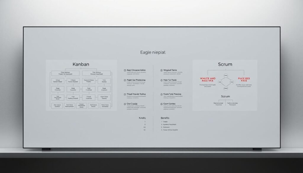 A comparative analysis of project management methodologies, displayed on a sleek, minimalist interface. In the foreground, two contrasting workflow diagrams - Kanban and Scrum - are presented side-by-side, their distinct elements and principles highlighted through clean, schematic illustrations. The middle ground features elegant, data-driven visualizations that juxtapose the key characteristics, benefits, and use cases of these agile frameworks. The background is a subdued, neutral tone that allows the core information to take center stage, conveying a sense of clarity and professionalism. Soft, directional lighting accentuates the crisp, modern design, creating a visually compelling and informative comparison of project management methodologies.