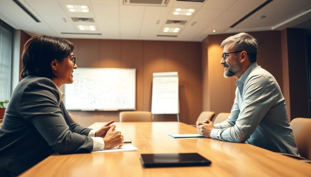 A conference room with a large table, where two business professionals engage in a thoughtful discussion. The lighting is warm and inviting, creating a collaborative atmosphere. The expressions on their faces suggest active listening and genuine understanding. In the background, a whiteboard displays diagrams and notes, indicating a productive exchange of ideas. The scene conveys the importance of effective communication in building strong professional relationships.