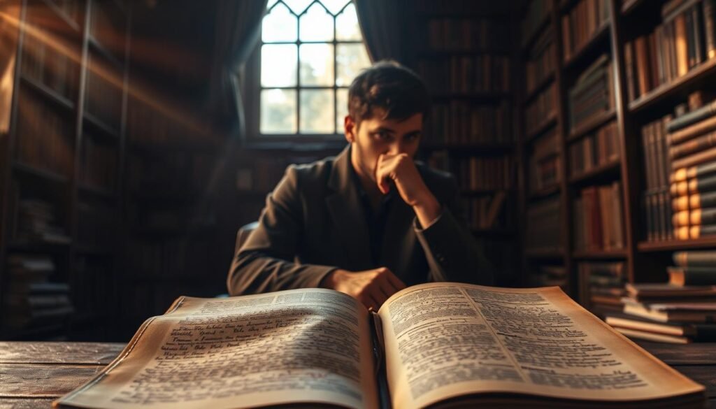 A contemplative figure sits in a dimly lit study, surrounded by towering bookshelves. Streams of warm, golden light filter through the windows, casting a pensive glow on their face as they ponder a complex problem. The room is filled with the weight of deep, analytical thought, the air thick with the scent of aged parchment and the crackle of a flickering fire. In the foreground, a well-worn leather journal lies open, its pages covered in a web of carefully considered notes and annotations. This scene captures the essence of critical thinking - a focused, introspective exploration of ideas, a quest for deeper understanding, and the pursuit of truth.