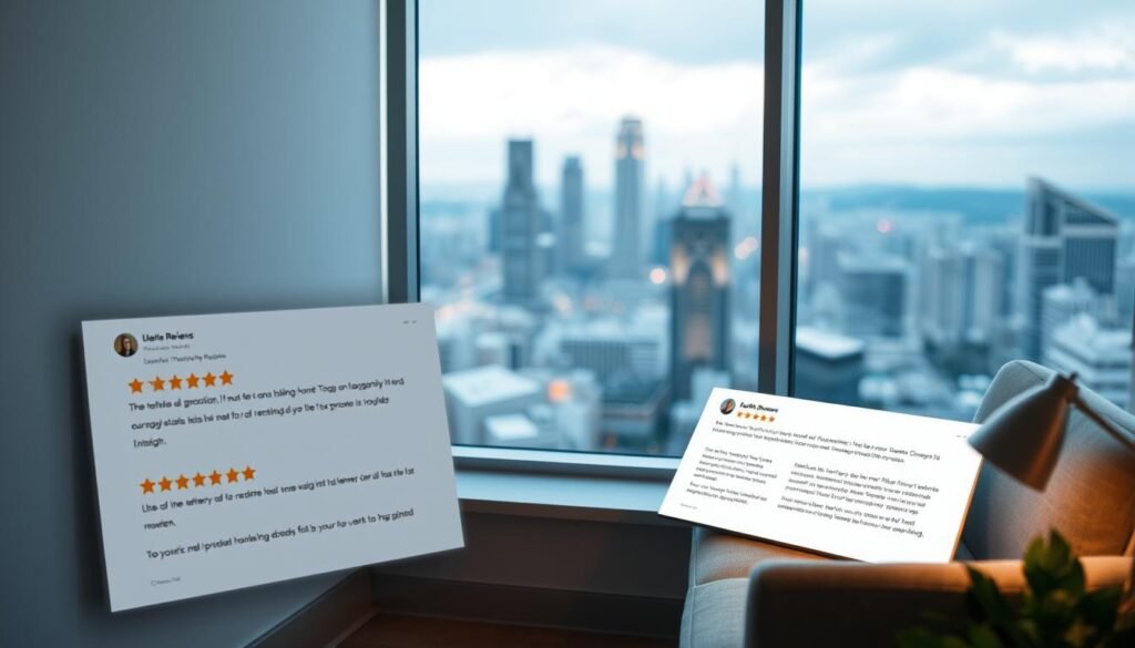 A cozy, well-lit corner of a sleek, modern user reviews platform. In the foreground, a clean, minimalist interface showcases a collection of reviews, each with a star rating and succinct commentary. The middle ground features a subtle grid layout, guiding the viewer's eye across the diverse testimonials. In the background, a serene, blurred cityscape provides a sense of context, hinting at the platform's global reach. The overall atmosphere exudes professionalism, trustworthiness, and a commitment to transparent, authentic user feedback.