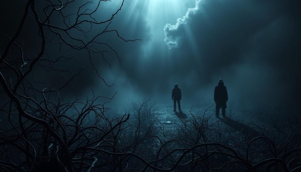 A dark, somber landscape depicting the underlying causes of mental psychosis. In the foreground, a tangled web of neural pathways and synapses, representing the complex biological mechanisms at play. In the middle ground, shadowy figures symbolizing the social, environmental, and psychological factors that contribute to the condition. The background is shrouded in an ominous haze, suggesting the uncertainty and lack of full understanding surrounding the origins of mental psychosis. Dramatic lighting casts dramatic shadows, creating a sense of tension and unease. The overall mood is one of contemplation and a call to delve deeper into the fundamental reasons behind this debilitating mental disorder.