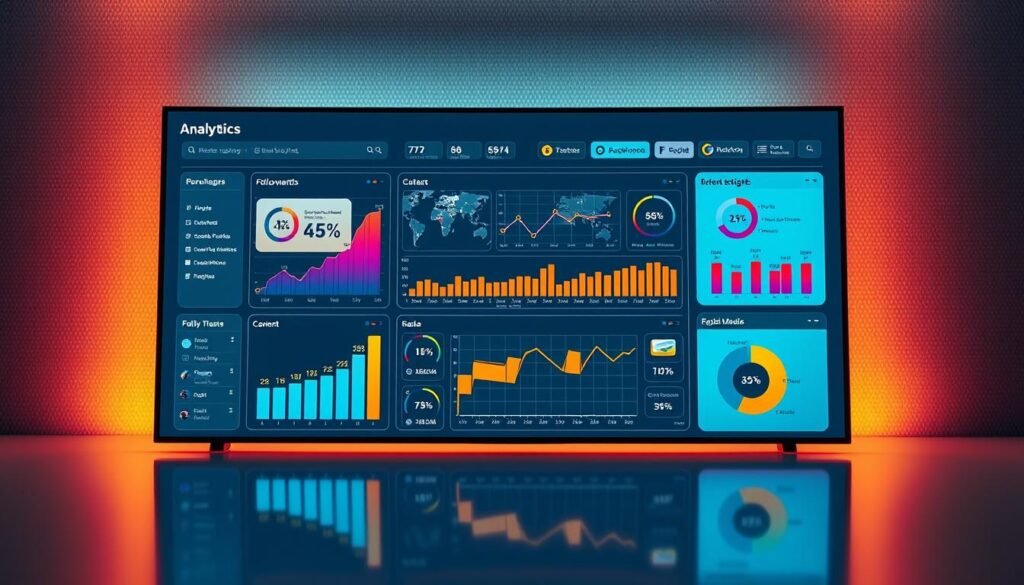 A data-driven visualization of social media analytics, displayed on a sleek, minimalist dashboard. In the foreground, colorful charts and graphs depict key metrics such as follower growth, engagement rates, and content performance. The middle ground features stylized icons and infographic elements, presenting insights at a glance. The background is a subtle, gradient-based pattern, evoking a sense of technological sophistication. Warm, directional lighting casts a soft glow, creating depth and highlighting the clean, modern design. The overall scene conveys a comprehensive, yet visually appealing, representation of social media analytics.