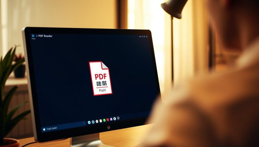 A desktop computer screen displaying the Foxit Reader software interface, with a prominent "PDF" file icon in the center. The screen is illuminated by soft, warm lighting, creating a welcoming and professional atmosphere. The layout is clean and intuitive, highlighting the key features of the PDF reader application. The overall composition emphasizes the ease of use and accessibility of the software, making it an ideal choice for the article's subject matter.