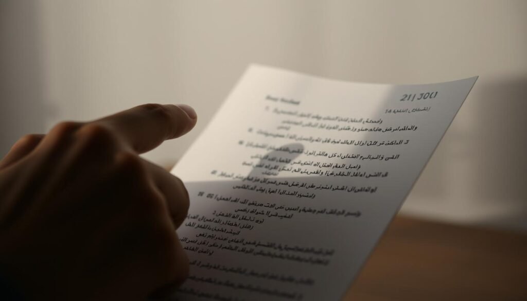 A detailed close-up of a person's hand carefully analyzing a set of written exam questions, conveying the thoughtful process of "تحليل الأسئلة". The hand is illuminated by a soft, directional light from the left, casting subtle shadows and highlights that emphasize the texture of the skin and the delicate movements. The questions are legible but their specific content is obscured, focusing the viewer's attention on the act of analysis rather than the content itself. The background is blurred and minimalist, maintaining the central focus on the analytical process. The overall mood is pensive and contemplative, reflecting the intellectual rigor of evaluating the exam questions.