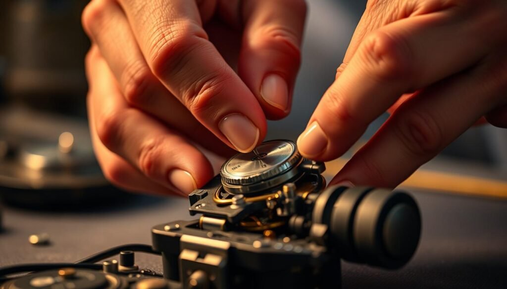 A detailed close-up scene of a person's hands working on a mechanical device, such as a watch or small machine, against a slightly blurred background. The hands should be skillfully manipulating the components, showcasing the intricate manual techniques associated with the Moscow Method. The lighting should be warm and focused, casting subtle shadows to emphasize the dexterity and precision of the work. The overall composition should convey a sense of focus, craftsmanship, and the practical application of the Moscow Method principles.