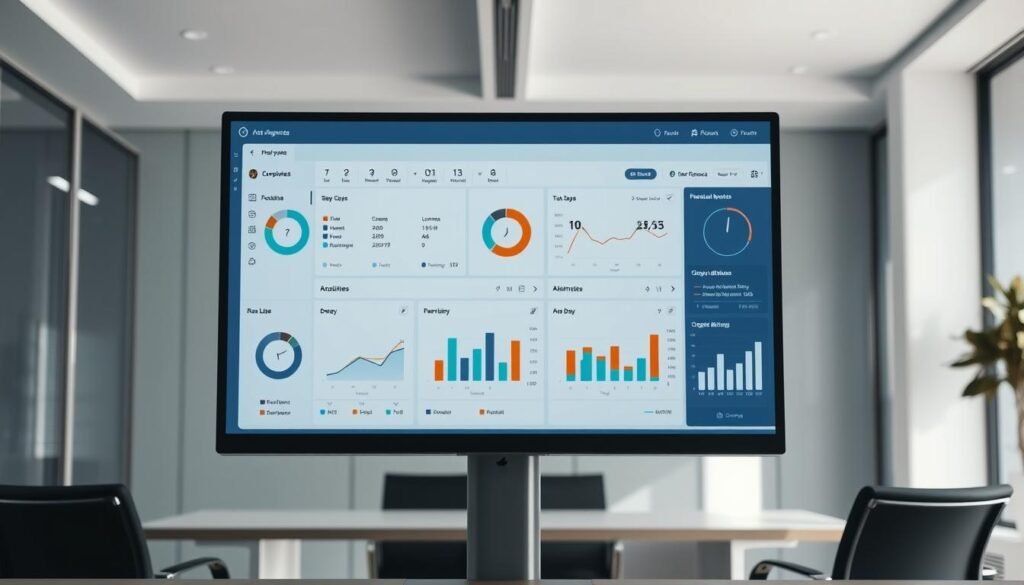 A detailed data analysis dashboard with interactive charts and graphs, showcasing employee attendance data and trends. The dashboard is displayed on a large computer monitor, set against a minimalist office interior with clean lines and neutral tones. Soft, directional lighting illuminates the screen, creating a professional and focused atmosphere. The interface features intuitive navigation, allowing users to easily explore and interpret the attendance reports. Sleek icons and a modern, streamlined design convey the efficient and insightful nature of the Buddy Punch attendance management solution.