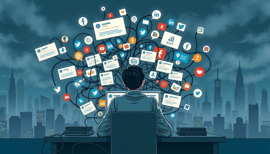 A detailed digital illustration showcasing the potential downsides of using content management tools like Sproot Social. In the foreground, a person sitting at a desk, overwhelmed by a tangled web of social media notifications, analytics, and platform controls. The middle ground features a backdrop of social media icons, each representing a different platform, creating a sense of complexity and fragmentation. The background depicts a gloomy, dystopian cityscape, hinting at the negative societal impacts of overreliance on such tools. The lighting is muted, with a cool, bluish tone, conveying a sense of melancholy and caution. The overall composition emphasizes the potential pitfalls of over-managing online presence, from information overload to the erosion of genuine human connection.