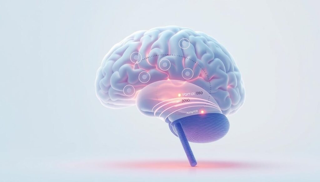 A detailed illustration of "Results of the Mental Age Test" showcasing a thoughtful, mature individual's brain analysis. Set against a minimalist, pastel-toned backdrop, the image displays a softly glowing, transparent human brain model with intricate neural pathways. Subtle hues of blue, green, and purple create a serene, contemplative atmosphere. The brain's structure is overlaid with a series of concentric rings, each representing a different cognitive ability, scored and visually represented. The composition conveys a sense of intellectual depth and personal growth, inviting the viewer to ponder the nuances of the mental age assessment.