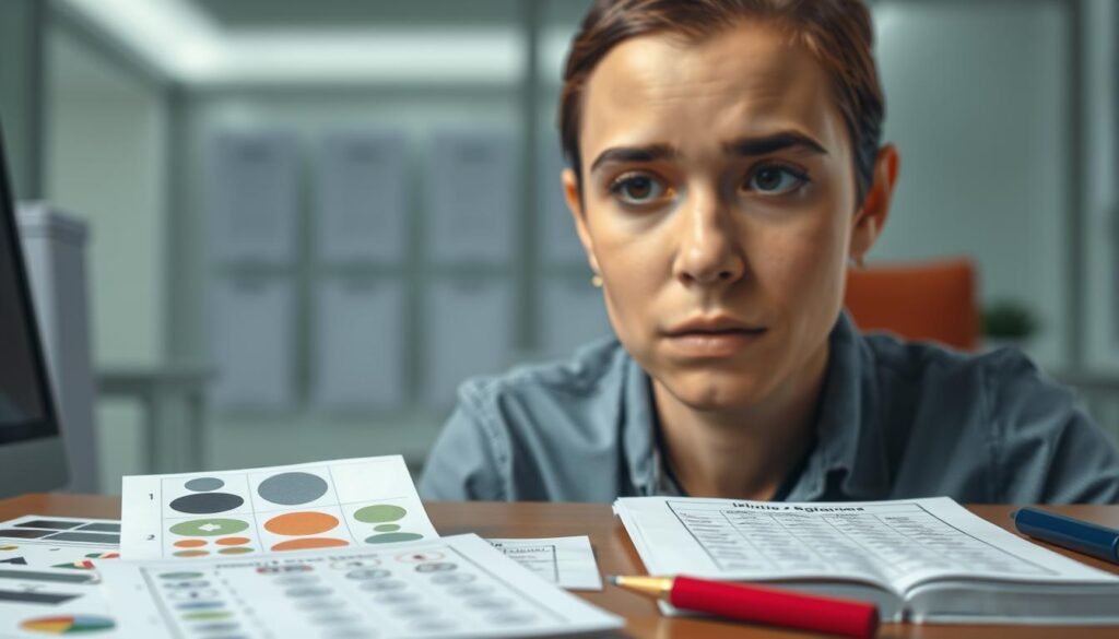 A detailed illustration of a cognitive assessment test for determining mental age. A well-lit close-up view of a person's head and shoulders, facing forward with a focused expression. In the foreground, a selection of standardized testing materials such as pictures, shapes, and questions. In the middle ground, a desk or table surface with a testing booklet and writing implements. The background is blurred, suggesting a professional office or clinical setting. The overall mood is one of attentive concentration, with a sense of assessment and evaluation.