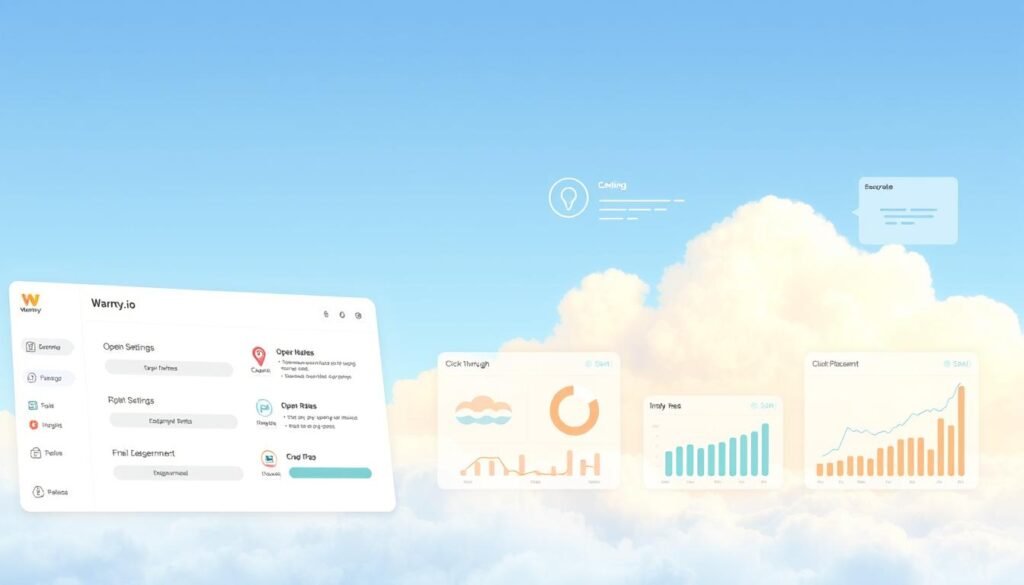 A detailed illustration showcasing the key features of Warmy.io for improving email deliverability. In the foreground, a crisp, clean interface with intuitive icons and controls, allowing users to easily configure email settings. In the middle ground, a series of informative graphs and charts, displaying metrics like open rates, click-through, and inbox placement. In the background, a serene, cloud-like environment, symbolizing the platform's ability to elevate email performance. The lighting is soft and natural, creating a sense of clarity and professionalism. The overall composition conveys the streamlined efficiency and data-driven insights provided by Warmy.io, making it an indispensable tool for modern email marketing.