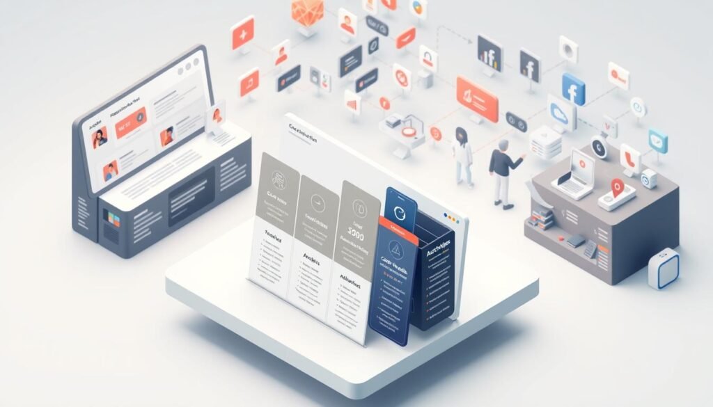 A detailed, isometric illustration of pricing plans and subscription options for social media management. The foreground features a central dashboard with various pricing tiers and feature breakdowns. The middle ground showcases different user profiles and content creation tools. The background contains a network of social media platforms, analytics, and automation workflows. The scene is rendered in a clean, modern style with muted colors and subtle lighting, conveying a sense of professionalism and functionality. The overall composition highlights the comprehensive nature of the social media management platform and its flexible pricing structure.