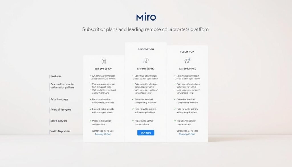 A detailed, price comparison chart depicting the various subscription plans and pricing options available for Miro, a leading remote collaboration platform. The chart is presented against a soft, muted background with subtle gradient effects, highlighting the clean and professional aesthetic of Miro's branding. The foreground showcases the different plan tiers, including features, user limits, and corresponding pricing, all displayed in a clear, organized manner to help the viewer easily navigate the available options. The middle ground features subtle icons or illustrations that complement the plan details, while the background maintains a sense of sophistication and elegance, creating an overall impression of Miro's comprehensive and well-designed pricing structure.
