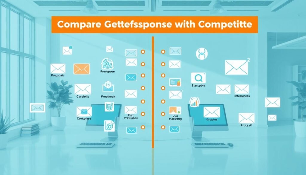 A detailed side-by-side comparison of popular email marketing tools, showcasing their key features and capabilities. The scene is set in a modern, minimalist office environment with clean lines and natural lighting. Various digital devices and icons representing the tools are arranged in a dynamic grid layout, allowing easy visualization and comparison. The color palette is a harmonious blend of cool tones, with subtle accents to highlight the distinctions between the tools. The overall composition conveys a sense of professionalism, efficiency, and clarity, perfectly suited to illustrate the "Compare GetResponse with Competitors" section of the article.