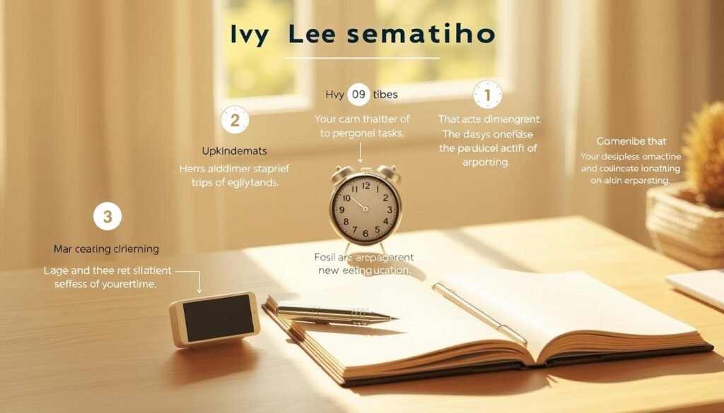 A detailed step-by-step illustration of the Ivy Lee method, featuring a minimalist desk setup with a notebook, pen, and a timer. The scene is bathed in warm, natural lighting, creating a focused and productive atmosphere. The foreground showcases the process of planning and prioritizing tasks, while the background suggests a serene, distraction-free environment. The middle ground highlights the use of the timer, emphasizing the importance of time management in the Ivy Lee approach. The overall composition conveys a sense of simplicity, efficiency, and the power of systematic self-improvement.