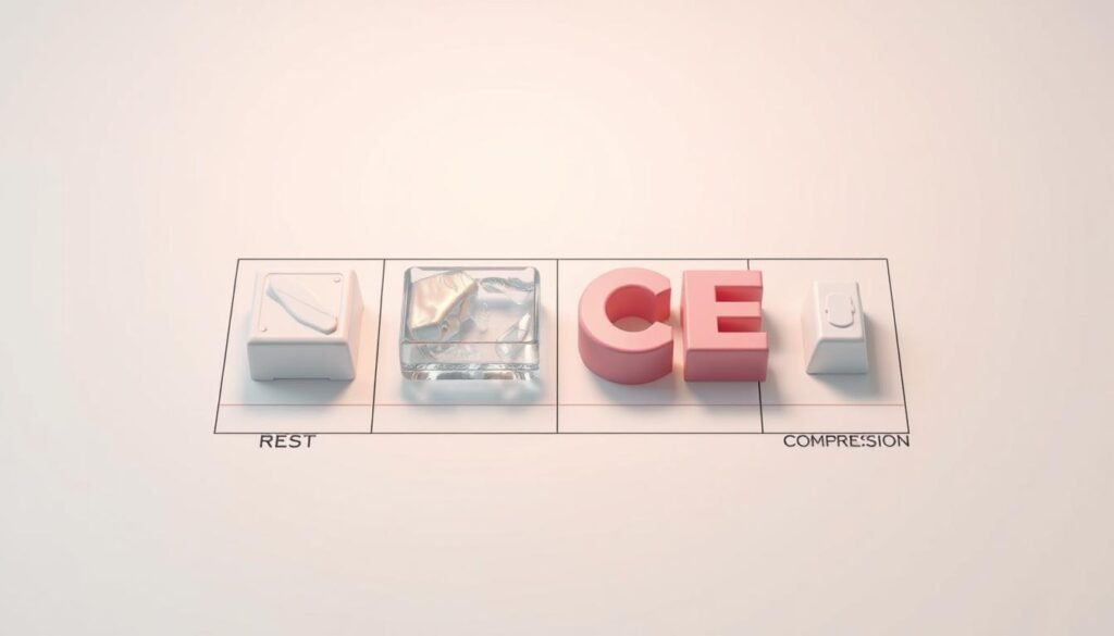 A detailed, technical illustration of the RICE methodology in action. A blueprint-style layout showcases the four key components - Rest, Ice, Compression, and Elevation - arranged harmoniously on a clean, minimalist background. Soft, diffused lighting illuminates the scene, casting subtle shadows that emphasize the three-dimensional forms. The composition features a balanced, isometric perspective to convey a sense of structure and organization. The overall tone is one of professionalism, clarity, and practical application, reflecting the instructional nature of the content.