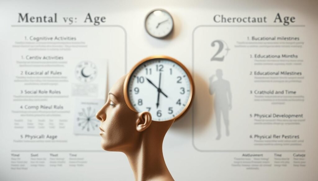 A detailed visual comparison of a person's mental age versus their chronological age. In the foreground, a human figure with a thoughtful expression, representing the mental state. In the middle ground, a calendar and clock symbolizing the passage of time. In the background, a series of parallel visual cues contrasting the mental and physical aspects - cognitive activities, educational milestones, social roles, and physical development. The scene is illuminated by soft, natural lighting that creates a contemplative, insightful atmosphere. The composition emphasizes the nuanced relationship between one's inner experiences and outward circumstances.