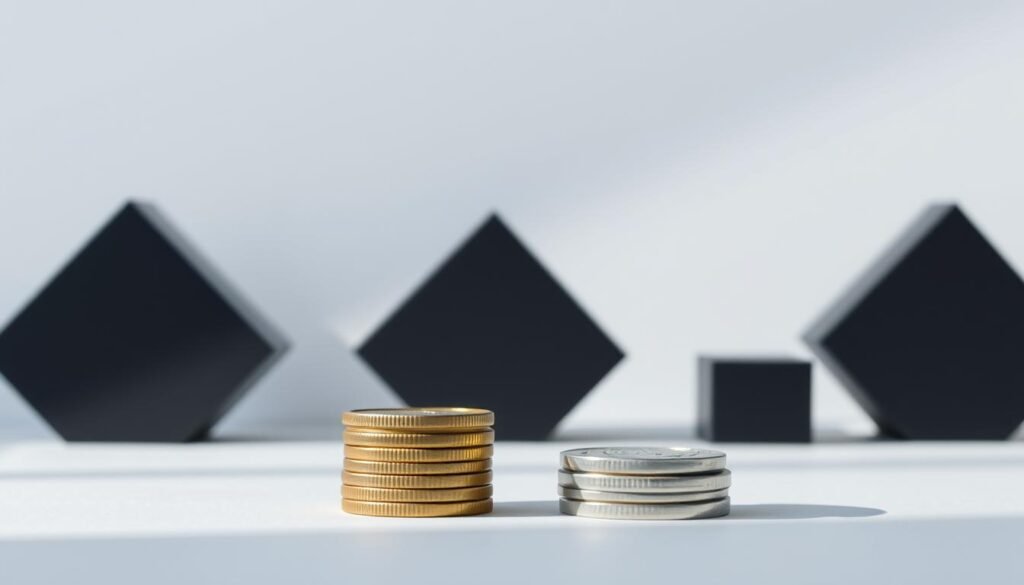 A detailed visual representation of the concept "الفرق بين الأصول والخصوم". A minimalist, clean-lined composition with a balanced arrangement of geometric shapes and contrasting colors. In the foreground, two stacks of coins or currency symbolize assets, while in the background, a series of abstract shapes in darker shades represent liabilities. The lighting is crisp and directional, casting subtle shadows to accentuate the dimensional qualities. The overall mood is one of clarity, precision, and financial awareness, inviting the viewer to contemplate the fundamental principles of personal finance.