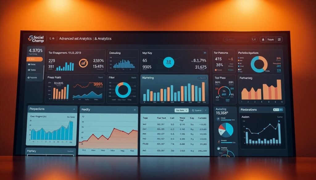 A digital dashboard displaying advanced analytics data and visualizations. The foreground showcases various charts, graphs, and infographics presenting key performance metrics, user engagement trends, and marketing insights. The middle ground features a clean, minimalist user interface with interactive data filters and sorting options. The background has a subtle gradient effect, creating depth and emphasizing the high-tech, data-driven atmosphere. The overall scene conveys a sense of sophisticated data analysis, empowering social media managers to make informed decisions. Warm lighting casts a professional, authoritative tone, while the sleek, modern design reflects the cutting-edge nature of the Social Champ platform.