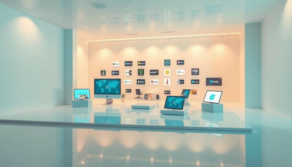 A digital marketplace featuring an array of e-commerce platforms, meticulously showcased in a visually captivating manner. The scene depicts a serene, well-lit environment, with the platforms elegantly displayed against a clean, minimalist backdrop. Subtle shadows and reflections add depth and dimensionality, while a soft, diffused lighting creates a warm, inviting atmosphere. The platforms are presented in an organized, cohesive manner, emphasizing their versatility and user-friendliness. The overall composition is balanced, drawing the viewer's attention to the key elements while maintaining a sense of harmony and professionalism.