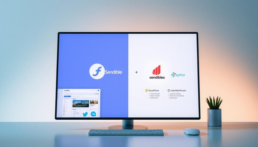 A digital workspace displaying a side-by-side comparison of social media management tools, illuminated by soft, directional lighting. The foreground showcases the Sendible platform, its interface and features elegantly rendered. The middle ground highlights competing tools, their logos and capabilities juxtaposed. The background blends a subtle gradient, conveying a sense of professionalism and attention to detail. The overall composition communicates the versatility, functionality, and differentiation of Sendible in the social media management landscape.