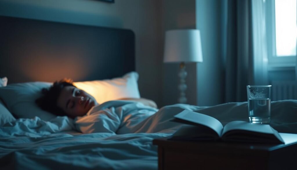 A dimly lit bedroom scene, with a peaceful, serene atmosphere. In the foreground, a person is sleeping soundly on a comfortable bed, their face relaxed and their breathing steady. Soft, warm lighting from a bedside lamp casts a gentle glow, creating a cozy and inviting ambiance. In the middle ground, a nightstand holds a glass of water and a book, suggesting the importance of both hydration and mental stimulation for healthy sleep. The background features calming, neutral-toned walls, and a window that allows a soft, diffused natural light to filter in, hinting at the restorative power of sleep. The overall composition conveys a sense of balance and harmony between the physical and mental aspects of well-being.