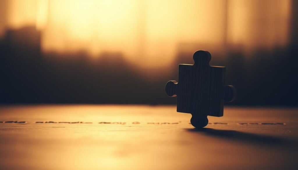 A dimly lit, contemplative scene depicting the concept of "اختبار العمر العقلي". In the foreground, a tactile, wooden puzzle piece floats against a blurred background, representing the intricate, multi-faceted nature of the human mind. The scene is bathed in a warm, golden light, evoking a sense of introspection and self-discovery. Subtle textures and muted tones create an atmosphere of thoughtful, psychological exploration, inviting the viewer to ponder the depth and complexity of the "اختبار العقل" process.