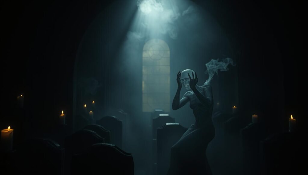 A dimly lit crypt, shadows cast by flickering candles. In the foreground, a translucent figure writhes in anguish, the torment of the grave etched upon its ethereal form. Mist swirls around, creating an unsettling atmosphere. In the middle ground, a portal of light, a glimmer of hope amidst the darkness. The background is shrouded in an oppressive, otherworldly gloom, conveying the gravity of the afterlife. Soft, moody lighting illuminates the scene, evoking a sense of the mystical and the profound. The overall impression is one of the dread and anguish of the grave, balanced by the promise of transcendence.