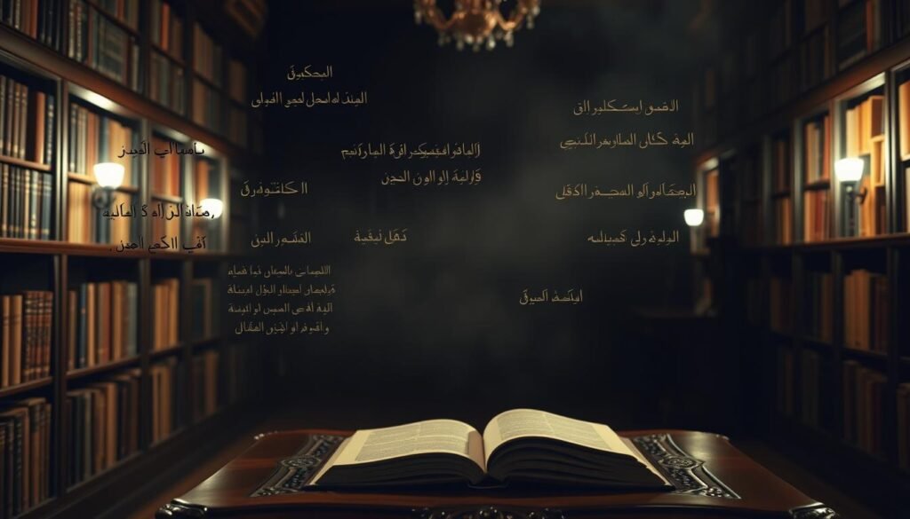 A dimly lit, elegant library setting with bookshelves lining the walls, casting warm, soft lighting across the scene. In the foreground, a collection of handwritten, calligraphic quotes in Arabic script float gently, as if suspended in midair. The quotes appear to be thoughtfully curated, each one a touchstone of wisdom and reflection. The middle ground features a large, ornate wooden table, upon which rests an open book, its pages turning as if by an unseen breeze. The background is hazy, with a sense of depth and mystery, drawing the viewer's eye towards the tranquil, contemplative atmosphere.