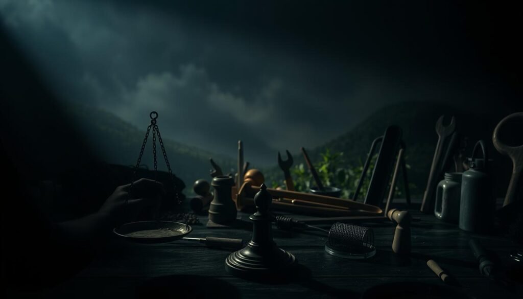 A dimly lit, high-contrast scene depicting the interplay between effort and results. In the foreground, a person's hands grasp a set of scales, delicately balancing the weight of their hard work. The middle ground showcases a variety of tools and resources, each representing the diverse efforts made. In the background, a hazy, ethereal landscape gradually reveals the fruits of these labors - a vibrant, thriving environment. Dramatic lighting casts dramatic shadows, emphasizing the tension and relationship between the visible inputs and the unseen outputs. The overall mood is one of contemplation, highlighting the nuanced connection between exertion and achievement.