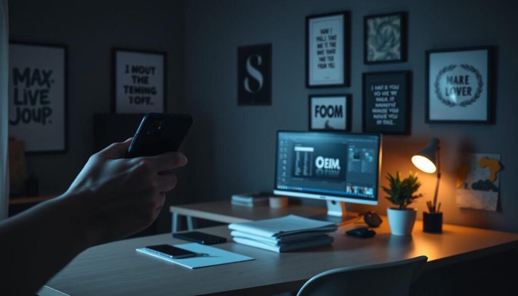 A dimly lit home office, with a large desk and a modern desktop computer. On the desk, a stack of papers, a pen holder, and a potted plant. The walls are adorned with framed artwork and motivational quotes. Soft, warm lighting illuminates the scene, creating a focused and productive atmosphere. In the foreground, a hand reaches for a smartphone, hinting at the balance between technology and productivity. The image conveys the idea of maximizing the use of technology to improve efficiency and achieve one's goals.