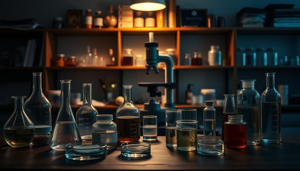 A dimly lit laboratory setting with scientific apparatus and equipment arranged on a wooden table. In the foreground, several glass beakers, test tubes, and petri dishes containing various liquids and substances. In the middle ground, a complex device resembling a microscope or analytical instrument. In the background, shelves filled with books, jars, and other research materials, casting a warm, contemplative atmosphere. The lighting is soft and diffused, creating a sense of focused investigation and exploration. The overall scene evokes a sense of methodical, detail-oriented research into alternative approaches to the RICE (Rest, Ice, Compression, Elevation) technique.